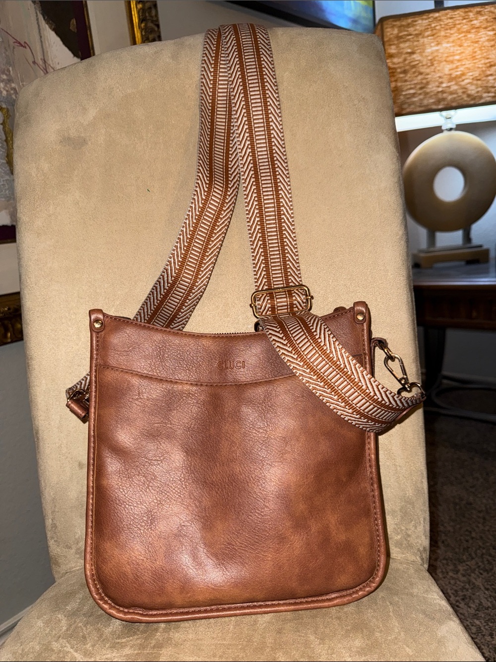 Structured Brown Leather Crossbody with Woven Strap
